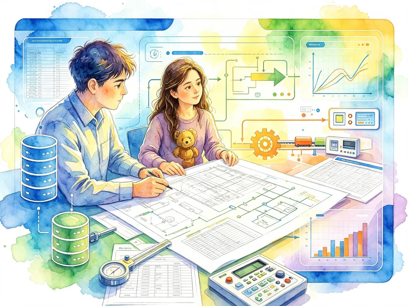 Ingeniero anotando junto a monitores con procesos industriales